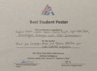 Best Student Poster Award at the AAAI 2019 conference